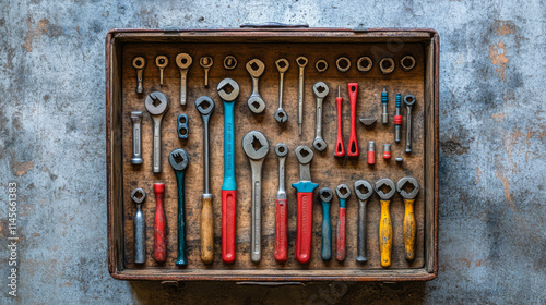 Collection of assorted hand tools organized in a vintage wooden toolbox on a textured surface photo