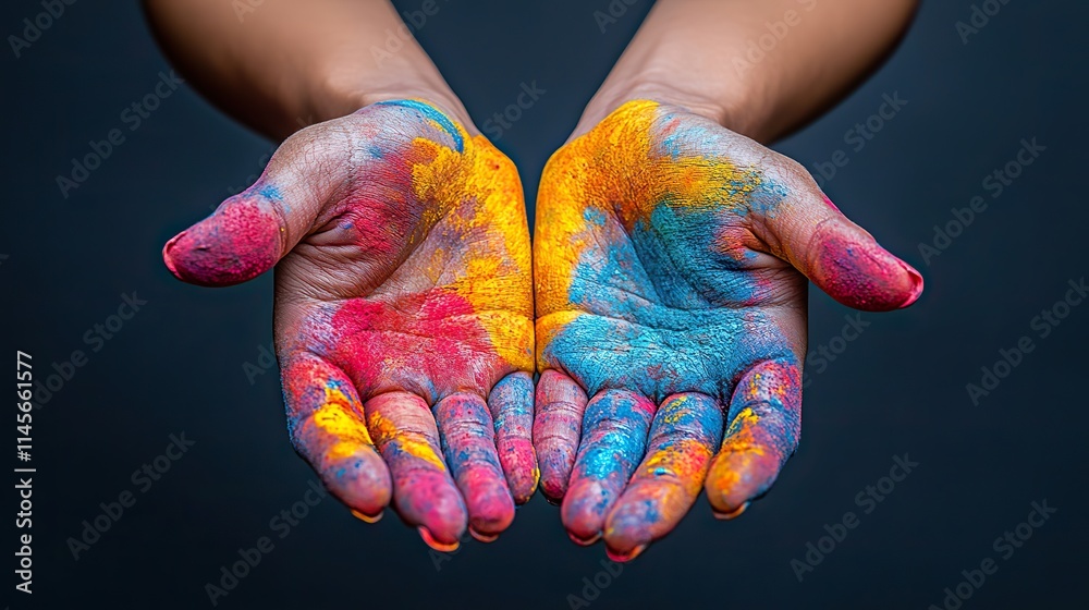 © Emile - A person showing hands covered in colorful paint, showcasing creativity and artistic expression. The image represents abstract art, vibrant design, and the playful nature of artistic creation.