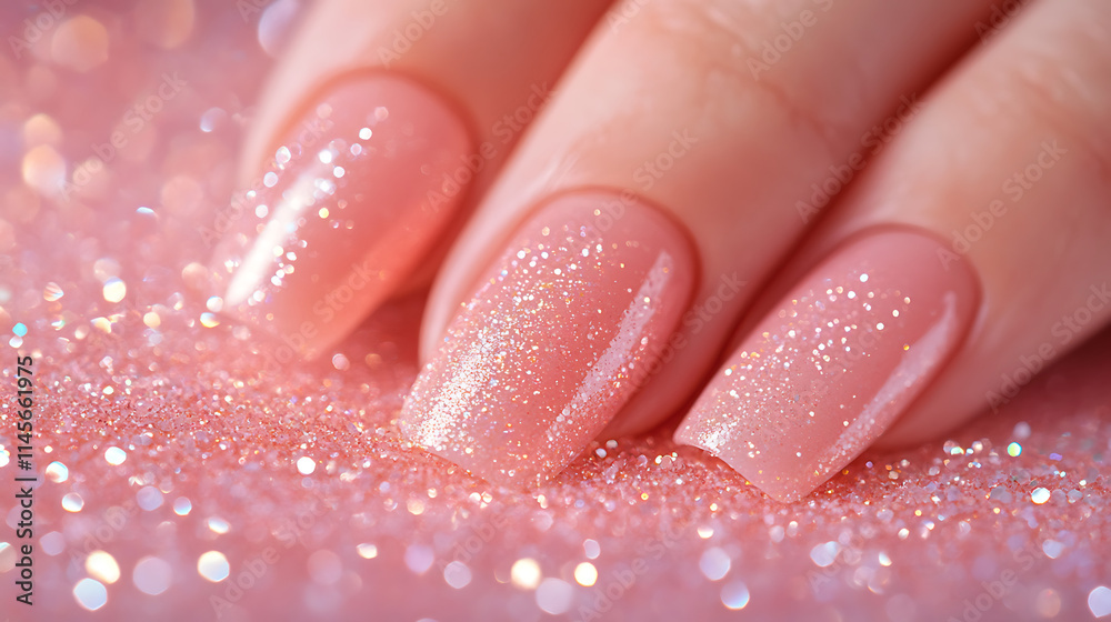 Sparkling Pink Nails: A close-up shot of elegant, perfectly manicured nails adorned with delicate glitter. The soft pink hue and subtle shimmer create a sophisticated and glamorous look. Sparkling Pink Nails: A close-up shot of elegant, perfectly manicured nails adorned with delicate glitter. The soft pink hue and subtle shimmer create a sophisticated and glamorous look.