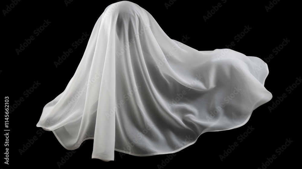 Eerie translucent ghost figure made of flowing white fabric isolated on a black background perfect for Halloween party decorations Eerie translucent ghost figure made of flowing white fabric isolated on a black background perfect for Halloween party decorations