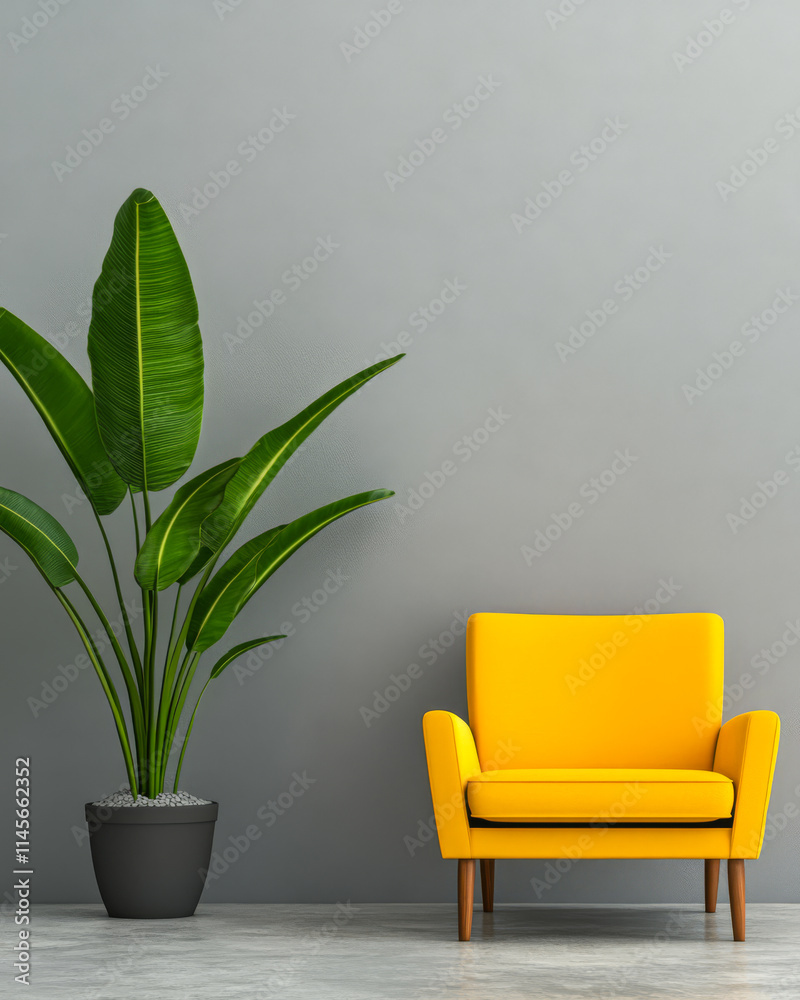 Bright yellow chair and large green plant against gray wall in modern interior design Bright yellow chair and large green plant against gray wall in modern interior design