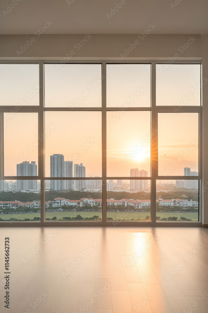 Fototapeta premium Beautiful sunset view from a modern high-rise apartment in an urban area