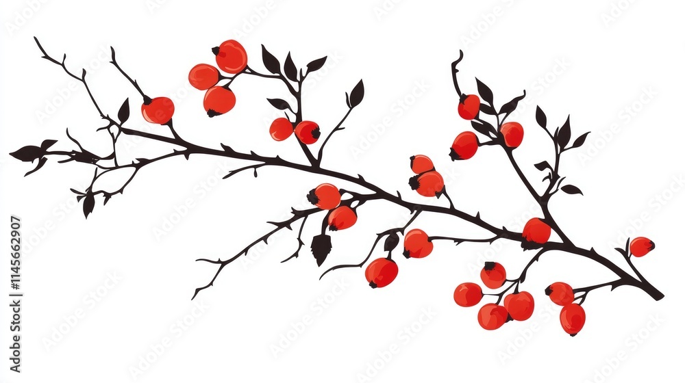 Silhouette of a brier rose branch with vibrant red rose hips against a clean white background in winter setting. Silhouette of a brier rose branch with vibrant red rose hips against a clean white background in winter setting.