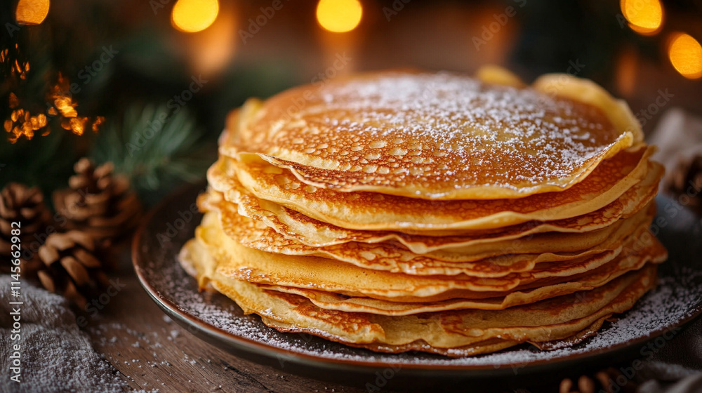 Stack of golden crepes dusted with sugar on a plate symbolizing abundance and prosperity in a traditional Chandeleur Candlemas celebration with warm tones and copy-space for festive messaging Stack of golden crepes dusted with sugar on a plate symbolizing abundance and prosperity in a traditional Chandeleur Candlemas celebration with warm tones and copy-space for festive messaging