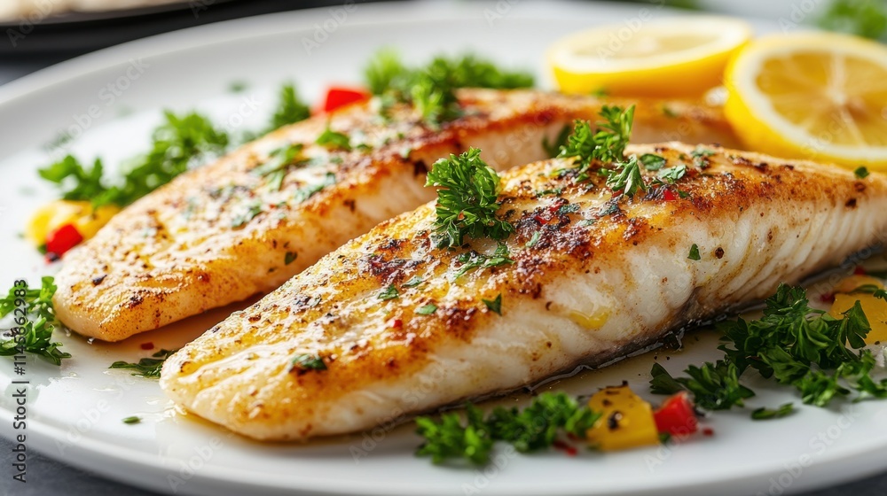 Fried Fish Fillets with Herbs and Spices, Lemon Garnish, Chili Flakes Suggested, White Plate on Dark Background, for Culinary Advertising or Food Recipes Fried Fish Fillets with Herbs and Spices, Lemon Garnish, Chili Flakes Suggested, White Plate on Dark Background, for Culinary Advertising or Food Recipes