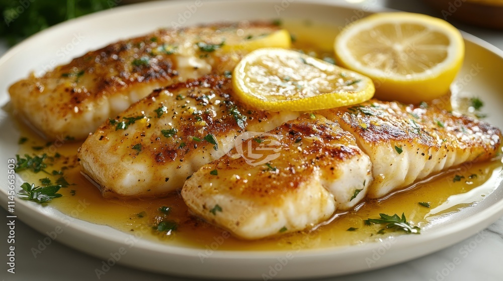 Grilled Fish Fillets, Seasoned with Lemon and Sauce, Served on Neutral Background - Culinary Stock Photography Grilled Fish Fillets, Seasoned with Lemon and Sauce, Served on Neutral Background - Culinary Stock Photography