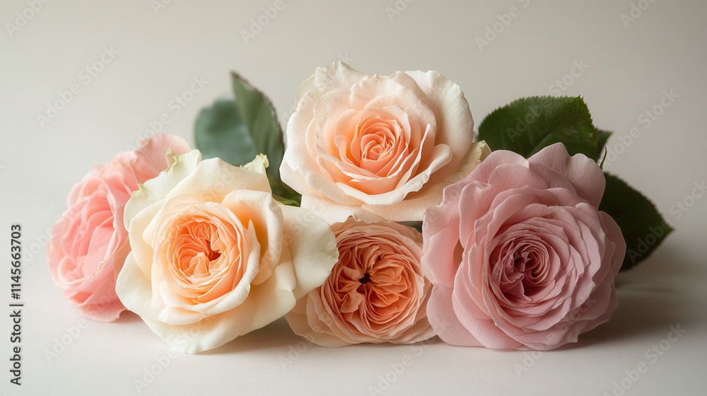 cluster of pastel roses in soft hues, showcasing delicate petals and lush greenery. Their beauty evokes sense of tranquility and elegance cluster of pastel roses in soft hues, showcasing delicate petals and lush greenery. Their beauty evokes sense of tranquility and elegance