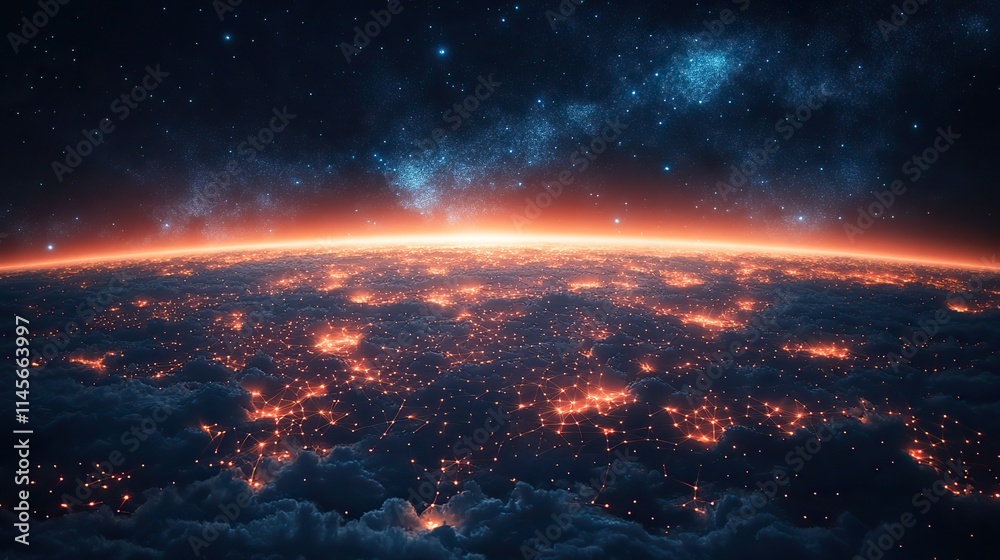 Naklejka premium A planet with internet networking lines, representing digital connectivity and future technology. The image symbolizes innovation, cybersecurity, and the vastness of cyberspace.