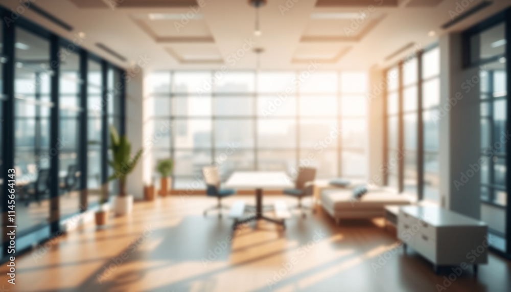 Beautiful Blurred Background of a Modern Office Interior with Panoramic Windows and Soft Lighting Beautiful Blurred Background of a Modern Office Interior with Panoramic Windows and Soft Lighting