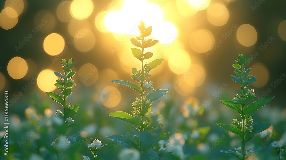 Obraz premium A plant grows in nature, surrounded by bokeh, representing sustainability, agriculture, and the importance of environmental care for food production.