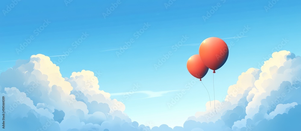 Obraz premium Two red balloons floating in a bright blue sky with fluffy white clouds creating a cheerful and uplifting atmosphere in the landscape.