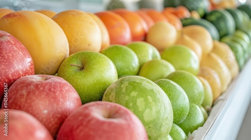 A row of apples and oranges are displayed in a fruit stand