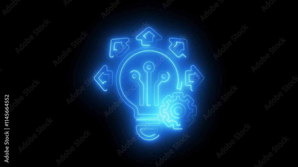 Technology idea icon animation by cyan color neon on black background. Technology idea icon animation by cyan color neon on black background.