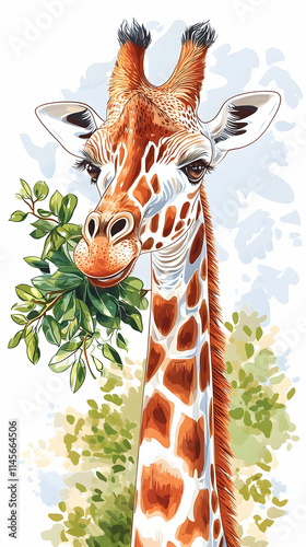 Giraffe eating leaves, African savanna background, illustration, children's book. photo