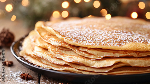 Stack of golden crepes dusted with sugar on a plate symbolizing abundance and prosperity in a traditional Chandeleur Candlemas celebration with warm tones and copy-space for festive messaging