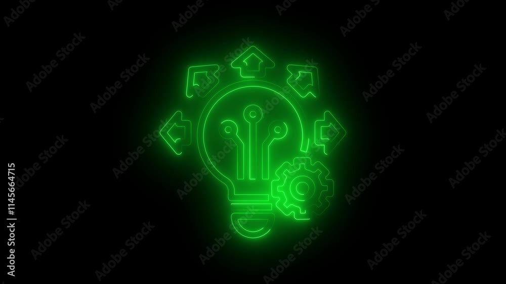 Technology idea icon animation by green color neon on black background. Technology idea icon animation by green color neon on black background.