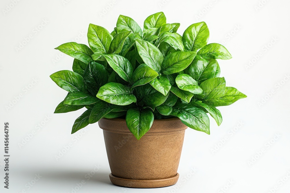 Lush green plant in a brown pot against a white background. Lush green plant in a brown pot against a white background.