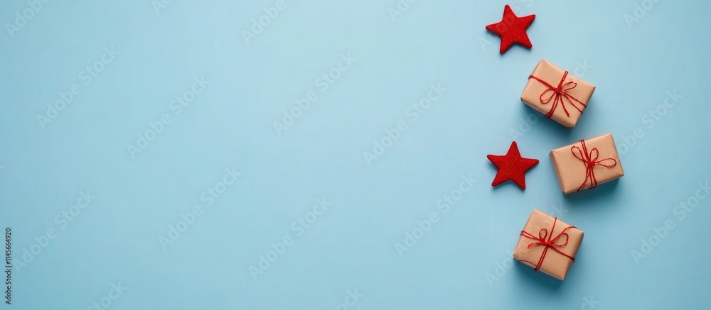 Christmas gift giving arrangement with red stars and wrapped presents on a classic blue background ideal for festive designs and promotions