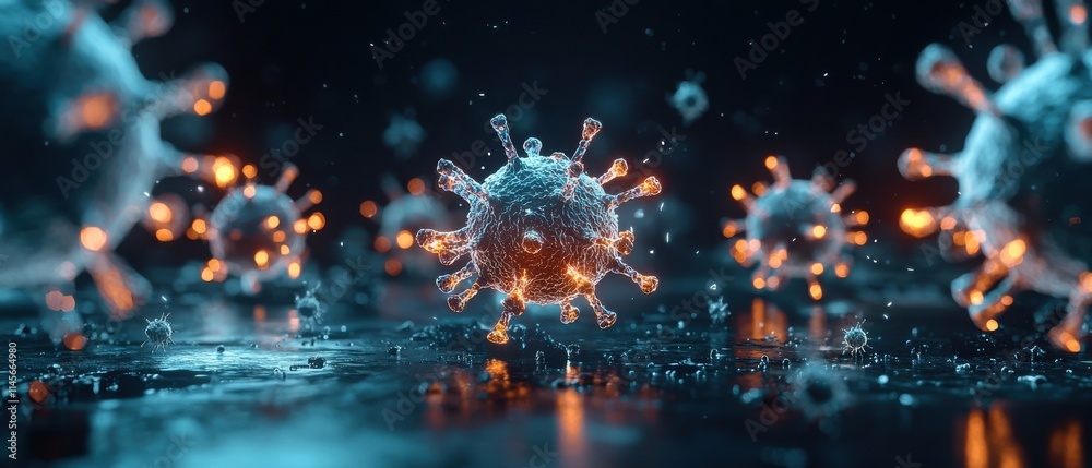 Norovirus outbreak concept and health themes, Dynamic 3D visualization of virus particles in a dark environment, highlighting intricate details and glowing features. Norovirus outbreak concept and health themes, Dynamic 3D visualization of virus particles in a dark environment, highlighting intricate details and glowing features.