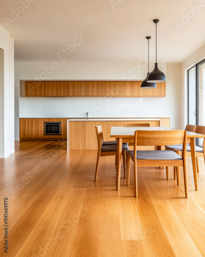 Modern kitchen and dining area with wooden furniture in a bright and spacious layout