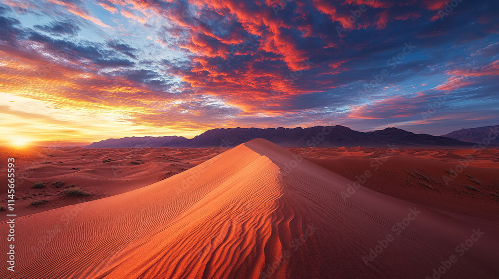 Naklejka premium Golden sunset casting warm hues over the rippling Elim sand dune near Sesriem Namib Naukluft a serene desert landscape symbolizing solitude natural beauty and timeless tranquility