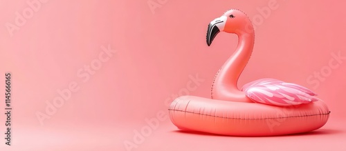 Inflatable flamingo pool float on a vibrant pink background summer lifestyle concept with living coral color theme and clipping path.
