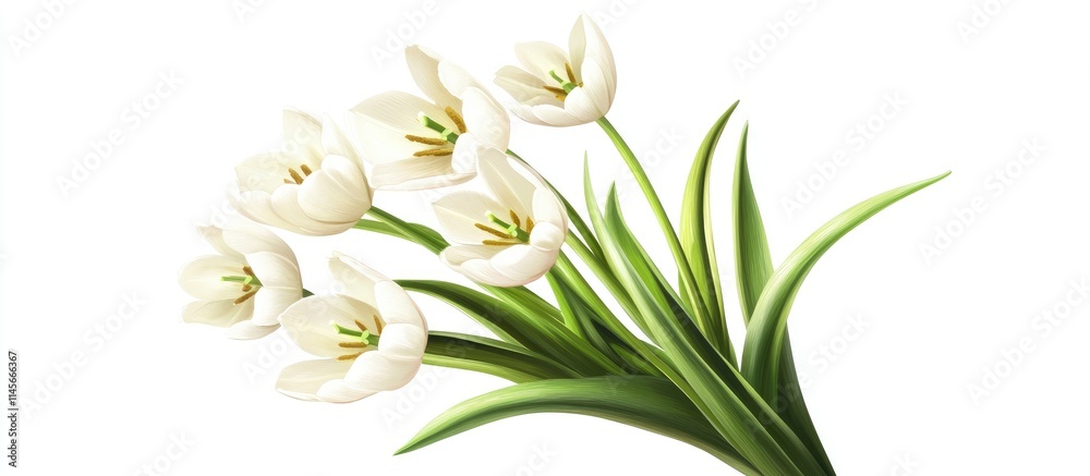Obraz premium Elegant bouquet of white tulip flowers with lush green leaves arranged in a vase against a bright background for a fresh natural touch