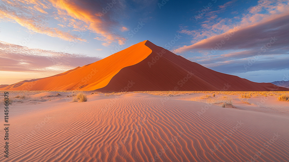 Golden sunset casting warm hues over the rippling Elim sand dune near Sesriem Namib Naukluft a serene desert landscape symbolizing solitude natural beauty and timeless tranquility Golden sunset casting warm hues over the rippling Elim sand dune near Sesriem Namib Naukluft a serene desert landscape symbolizing solitude natural beauty and timeless tranquility