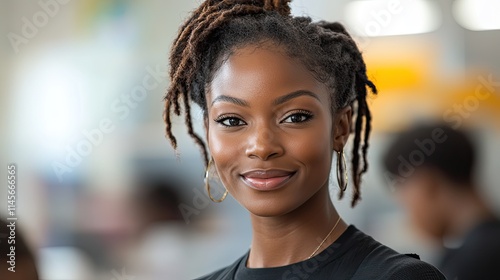 A portrait of a black woman teacher smiling with pride, leading her students in the classroom and inspiring their development.