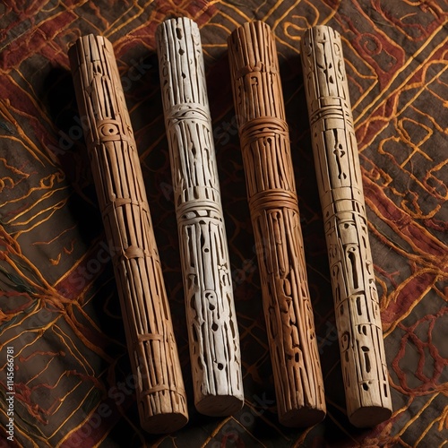 Cultural Craftsmanship: Close-Up of Yut Sticks with Intricate Markings photo