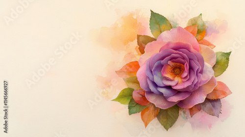 beautiful purple rose with subtle green leaves and colorful petals, creating serene and artistic atmosphere