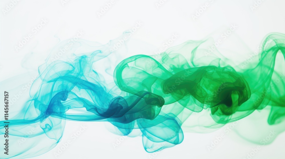 Fototapeta premium Abstract green and blue smoke swirling gracefully on a soft white background creating a serene and ethereal atmosphere for design purposes