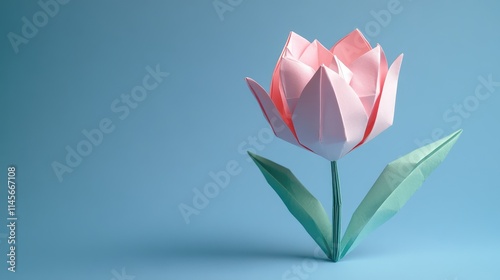 Pink origami tulip flower with green leaves on a pastel blue background showcasing intricate paper folding artistry and craftsmanship