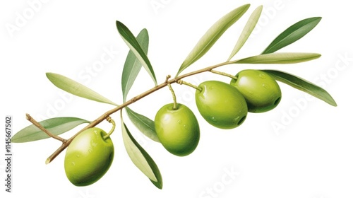 Wallpaper Mural Fresh green olives on a branch with leaves isolated on a white background showcasing natural beauty and culinary appeal. Torontodigital.ca