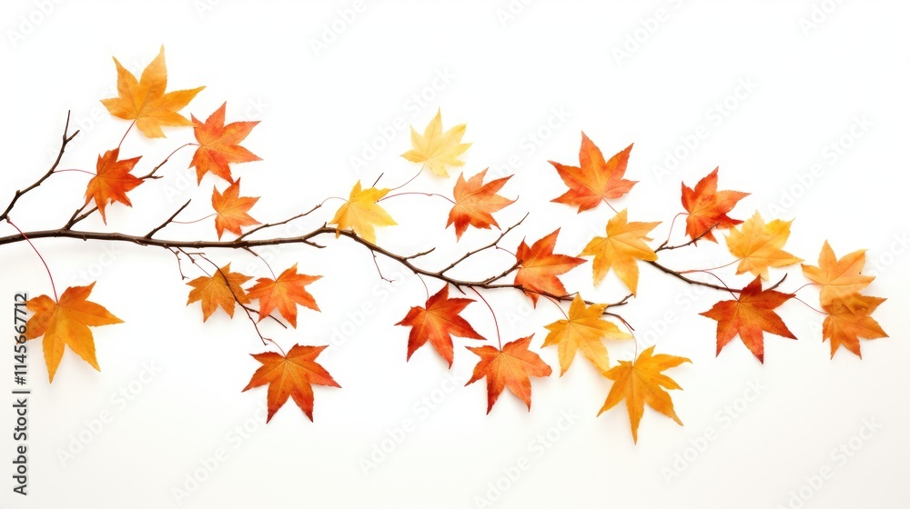 Autumn maple branch with vibrant leaves in shades of orange and yellow against a clean white background for seasonal decor and design. Autumn maple branch with vibrant leaves in shades of orange and yellow against a clean white background for seasonal decor and design.