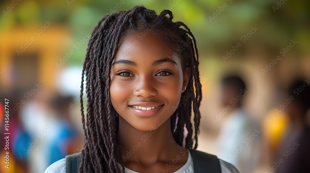 A portrait of a confident girl, smiling proudly as she embraces her education.