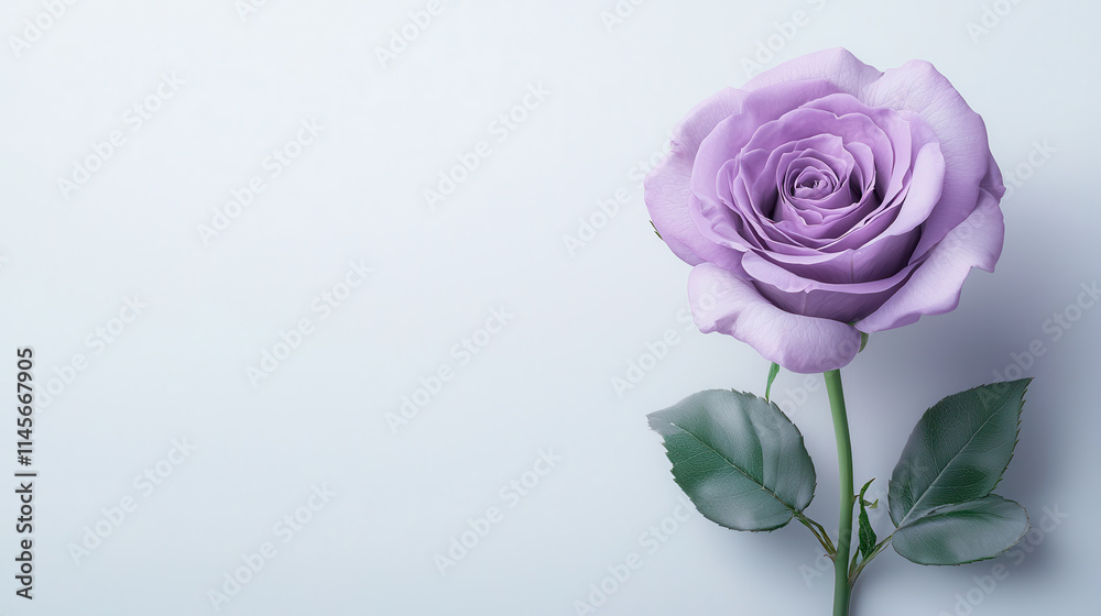 single purple rose with green leaves on light background, symbolizing beauty and elegance single purple rose with green leaves on light background, symbolizing beauty and elegance