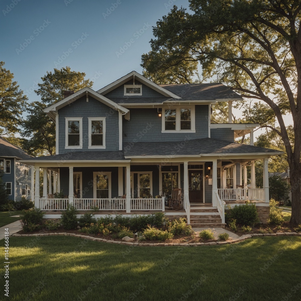 A suburban house with a wrap-around porch and rocking chairs. A suburban house with a wrap-around porch and rocking chairs.