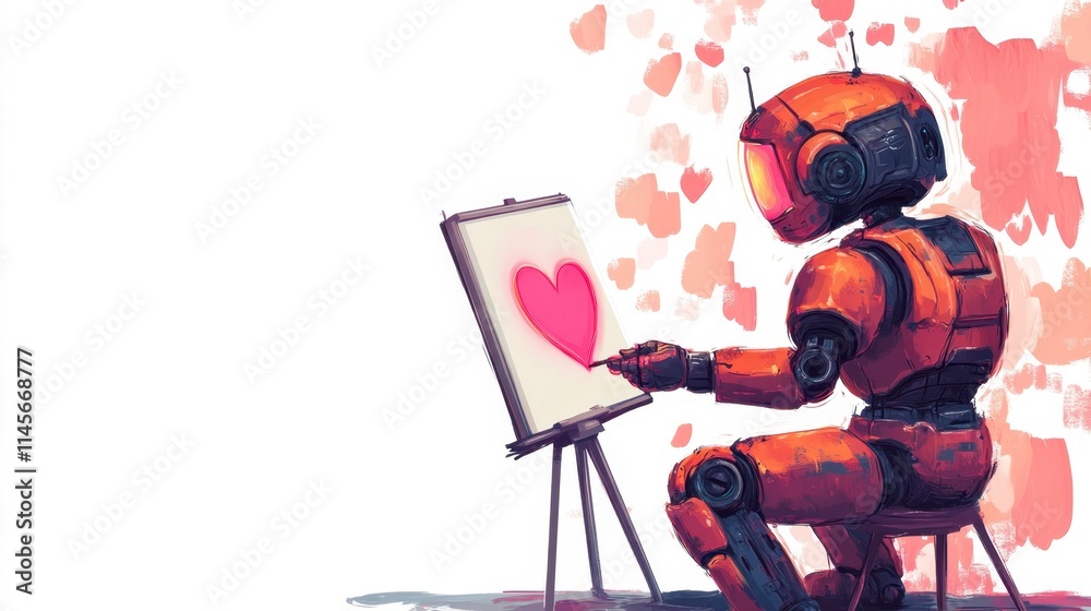 Robot Artist Painting Heart, Romantic AI Art, Digital Painting Robot Artist Painting Heart, Romantic AI Art, Digital Painting