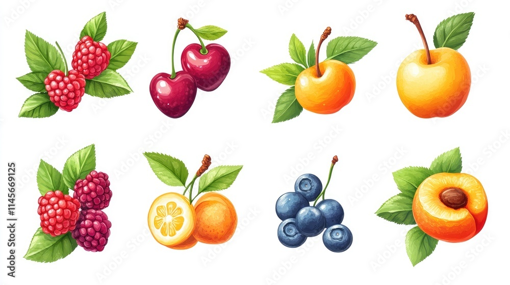 Vibrant illustration of assorted fresh fruits including cherries, raspberries, apricots, and blueberries on white background with leaves Vibrant illustration of assorted fresh fruits including cherries, raspberries, apricots, and blueberries on white background with leaves