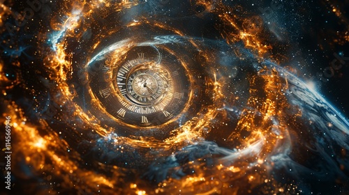 Fototapeta Naklejka Na Ścianę i Meble -  Cosmic whirlpool of time and space with glowing clock and planets in vibrant colors