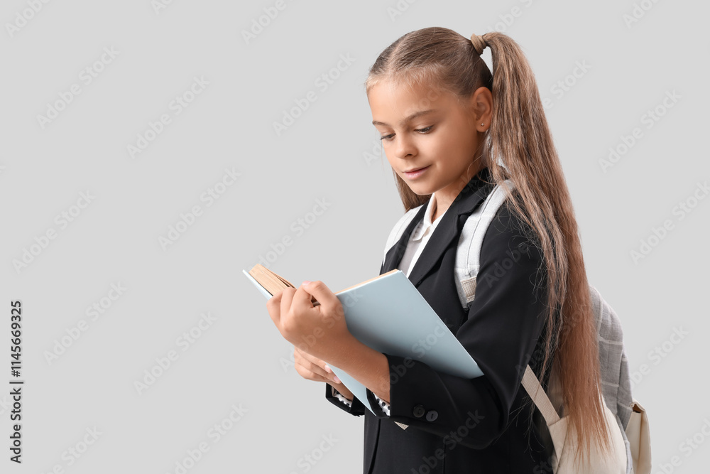 Cute little girl in school uniform reading book on grey background Cute little girl in school uniform reading book on grey background