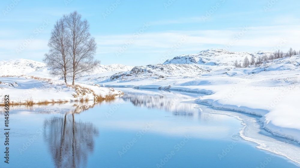 Serene winter landscape with snow-covered hills reflecting in a calm river. Serene winter landscape with snow-covered hills reflecting in a calm river.