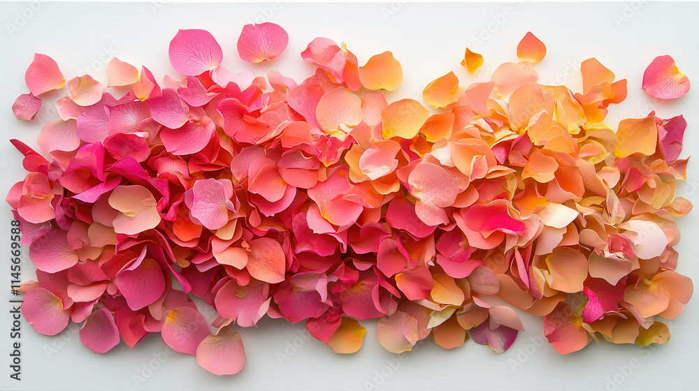 Vibrant pink and orange rose petals scattered beautifully across surface, creating stunning floral display Vibrant pink and orange rose petals scattered beautifully across surface, creating stunning floral display