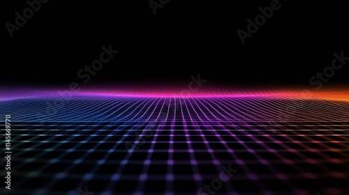 The black background with low-opacity grid lines glows softly in bright colors, creating a seamless transition between pink, purple, orange, and blue for a minimalist, high-tech feel
