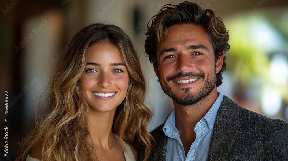 A portrait of a man and woman smiling confidently, representing a business partnership and collaboration in a law firm with support and trust. A portrait of a man and woman smiling confidently, representing a business partnership and collaboration in a law firm with support and trust.