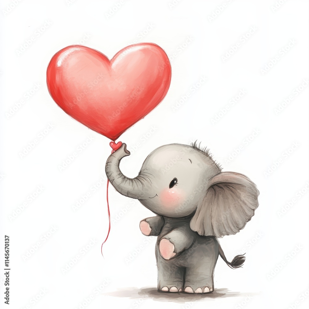 Adorable baby elephant holding heart-shaped balloon in playful scene outdoor setting heartwarming illustration Adorable baby elephant holding heart-shaped balloon in playful scene outdoor setting heartwarming illustration