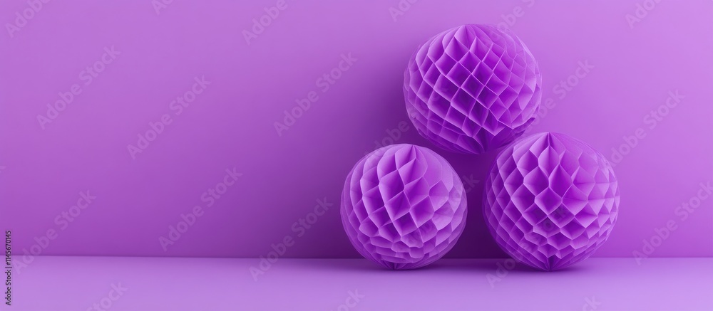 Fototapeta premium Purple Scandinavian honeycomb decorations arranged on a purple backdrop ideal for birthday party celebrations and joyful event advertisements.