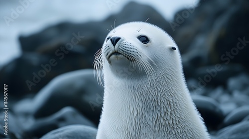 A young white fur seal looks upward among rocks