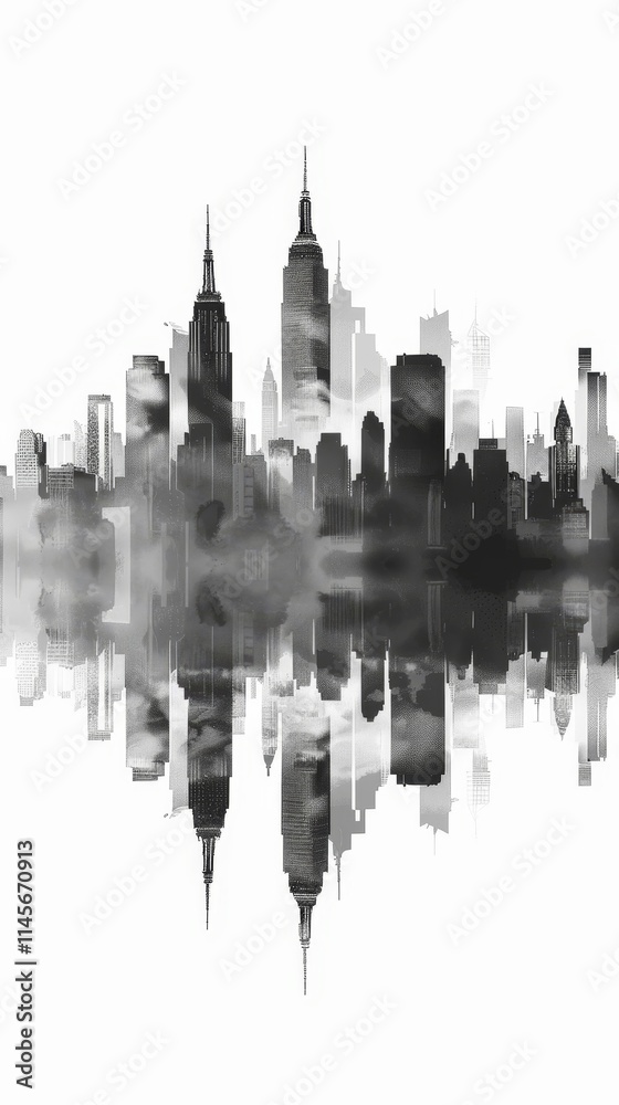 Fototapeta premium City skyline reflects in calm water creating a monochromatic urban landscape at dusk